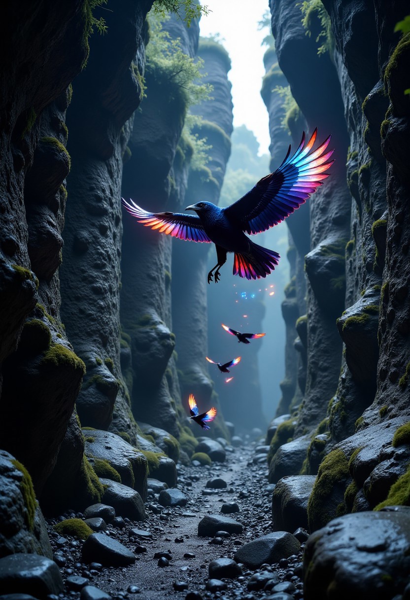 “Deep within a labyrinth of twisting basalt columns, flocks of crystal-winged ravens guide travelers, each bird’s reflection dancing across the polished stone like prismatic fire.”
, aidmaHiDreamStyle