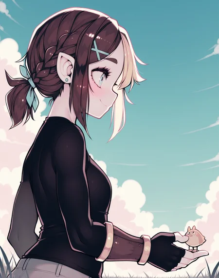 <lora:_parororo_NAIXL-000025:1> art by parororo, best quality, masterpiece, uncensored, source_anime, pointy ears, blue eyes, gloves, blonde hair, hair ornament, fingerless gloves, blush, jewelry, outdoors, earrings, from side, upper body, bangs, animal, black gloves, sky, solo, brown hair, closed mouth, profile, short ponytail, day, ponytail, long sleeves, cloud, short hair, hairclip, medium hair, looking at another, cloudy sky, sidelocks, low ponytail, blue sky, thick eyebrows, grass, standing, looking to the side, twitter username, hair ribbon, dated, x hair ornament, bracelet, smile, braid, black shirt, parted bangs, pants, vambraces