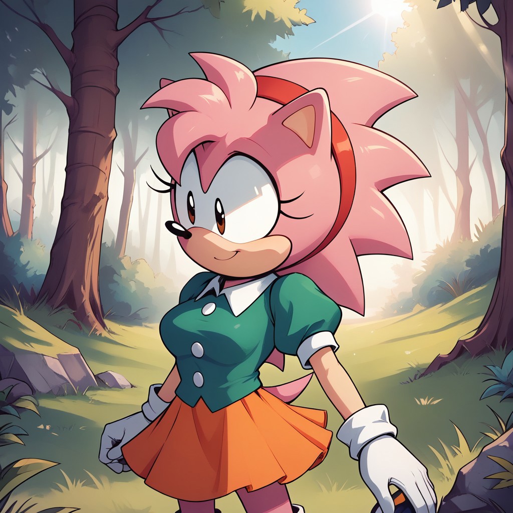 score_9, score_8, BREAK, solo, Classic Amy, sonic \(series\), solo girl, green dress top, white gloves, animal ears, black pupils, pink, white shoes, short puffy sleeves, white collar, red hairband, orange skirt, animal nose, two-tone fur, pink fur, adult, breasts, sexy pose, self portrait, smile, outdoors, sunlight, shadows, evening lighting, natural lighting, forest, trees, grass, orange sky, sunset