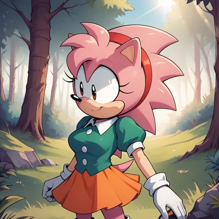 score_9, score_8, BREAK, solo, Classic Amy, sonic \(series\), solo girl, green dress top, white gloves, animal ears, black pupils, pink, white shoes, short puffy sleeves, white collar, red hairband, orange skirt, animal nose, two-tone fur, pink fur, adult, breasts, sexy pose, self portrait, smile, outdoors, sunlight, shadows, evening lighting, natural lighting, forest, trees, grass, orange sky, sunset