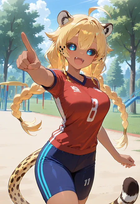 masterpiece, best quality, amazing quality, very aesthetic, absurdres, 1girl, solo girl, outdoors, pointing, happy, tree, playground, <lora:add-detail-xl:2>
<lora:Miru_Gold_Illustrious:1> Miru Gold, dark skin, cheetah ears, black sclera, cheetah tail, blue eyes, golden hair, long twin braids , ahoge, hair flaps, spiky hair flaps, long hair, medium breasts, sportswear, open mouth, :o, happy
masterpiece, best quality, amazing quality, very aesthetic, absurdres,