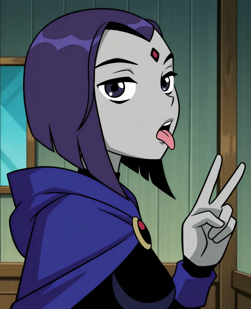 masterpiece, best quality, amazing quality, highres, absurdres, intricate detail, anime screenshot, indoors, bedroom, <lora:Raven_TT_ILLUS_2:0.8> , rav1, 1girl, solo, grey skin, purple eyes, purple hair, forehead jewel, short hair, cape, hood, leotard, belt, expressionless, looking at viewer, portrait, open mouth, tongue out, dynamic pose, from side, facing up, peace sign, v