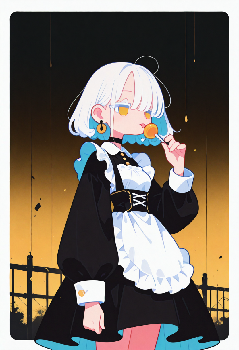 masterpiece, best quality, good quality, very aesthetic, absurdres, newest, 8K, from below 
(storm), spooky, dark stormy background, very strong wind,
((clothes and hair blown strongly by the wind, flowing fabric, disheveled hair, billowing skirt, windblown look)), 
BREAK 
side portrait of stunning girl standing, bangs, white hair, multicolored hair, bobcut hair, 
pastel cyan eyes, choker, hair over one eye, 
small breasts, earrings, ear pierces, 
ultra detailed decorative victorian gossamer clothes, very short tight black maid dress, maid apron,  
simple pastel gradient turquoise  background with extremely thick white border,
half closed eyes, unfocused eyes, 
distant gaze, emotionless look, looking away, white thick eyelashes, white long eyelashes,
(holding a lollipop with right hand, licking a lollipop),
modern fence in background, (post apocalyptic background), 
Flatline, Flat vector illustration, haiz_ai, no lineart, no outline,  
 <lora:ponyv6_noobE11_2_adamW:0.25> <lora:haiz_ai_illu:0.8> <lora:flatline:1.65> <lora:petravoice:0.4>  <lora:PDXL-Storm:1>