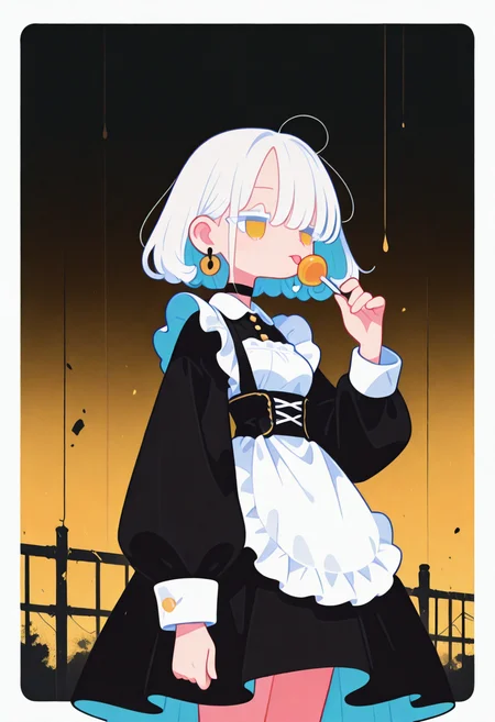 masterpiece, best quality, good quality, very aesthetic, absurdres, newest, 8K, from below 
(storm), spooky, dark stormy background, very strong wind,
((clothes and hair blown strongly by the wind, flowing fabric, disheveled hair, billowing skirt, windblown look)), 
BREAK 
side portrait of stunning girl standing, bangs, white hair, multicolored hair, bobcut hair, 
pastel cyan eyes, choker, hair over one eye, 
small breasts, earrings, ear pierces, 
ultra detailed decorative victorian gossamer clothes, very short tight black maid dress, maid apron,  
simple pastel gradient turquoise  background with extremely thick white border,
half closed eyes, unfocused eyes, 
distant gaze, emotionless look, looking away, white thick eyelashes, white long eyelashes,
(holding a lollipop with right hand, licking a lollipop),
modern fence in background, (post apocalyptic background), 
Flatline, Flat vector illustration, haiz_ai, no lineart, no outline,  
 <lora:ponyv6_noobE11_2_adamW:0.25> <lora:haiz_ai_illu:0.8> <lora:flatline:1.65> <lora:petravoice:0.4>  <lora:PDXL-Storm:1>