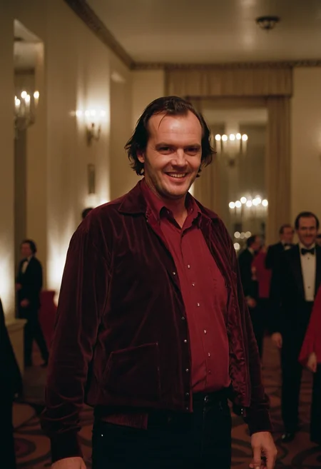 Shin1ng, Jack Torrance, man, smile, ballroom, party, people, Overlook Hotel, indoors, (stylish grainy 35mm analog film photo)