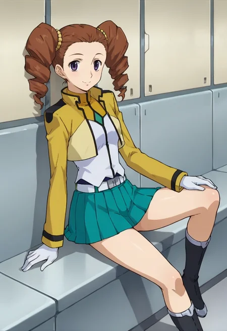 score_9,score_8_up,score_7_up,anime coloring BREAK source_anime,anime,<lora:Mileina_Vashti_Gundam_00_Pony:0.7>,mileina,1girl,solo,purple eyes,brown hair,drill hair,twin drills,hair ornament,cb uniform,cropped jacket,white gloves,belt,green skirt,pleated skirt,black boots,indoors,smile,looking_at_viewer,