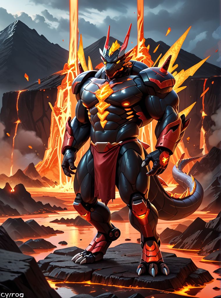 anthro, dragon, male, black body, silver torse, shiny, full body, Muscle, Delicate face, Delicate eyes, 1 tail, glowing LED:1.1, energy, digitigrade, outdoors, (thunder), barazoku, hyper muscle, outside, (volcano), loincloth, lava, (armor), lighting, sky, 
 BREAK score_9_up,score_8_up,score_7_up,score_6_up,score_5_up,score_4_up,(mecha:1.1), (cybrog),