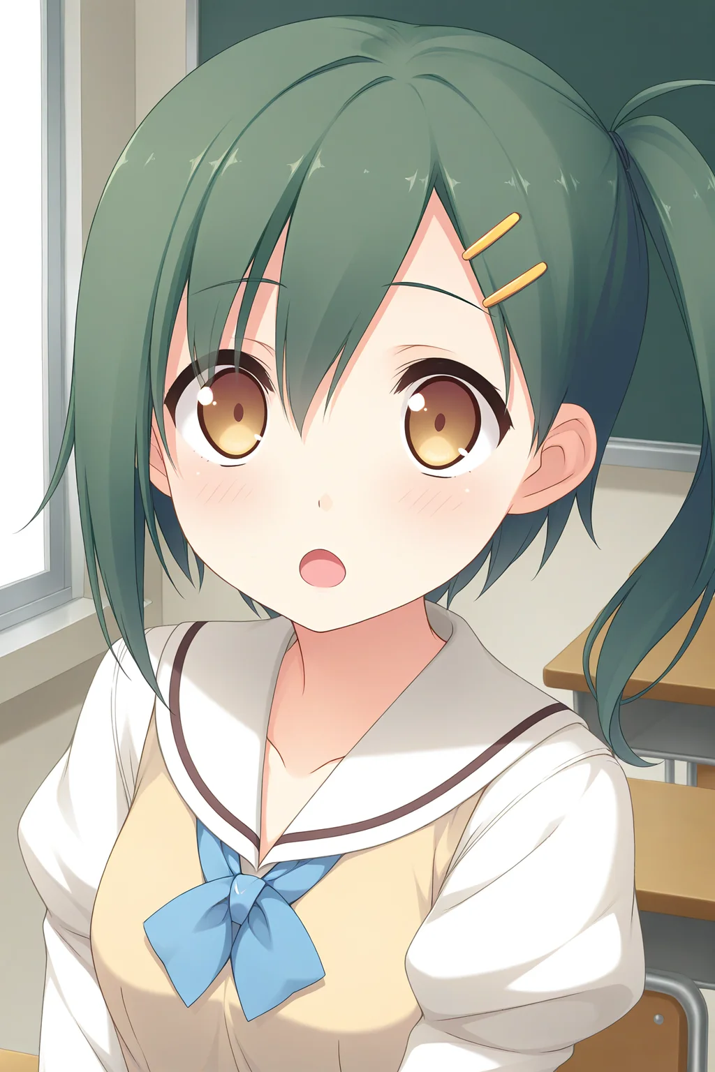masterpiece, best quality, absurdres, official art, official style, rating general BREAK <lora:enomotokaho_IL_v1-1:0.7>, enomoto kaho, 1girl, solo, yellow eyes, brown eyes, green hair, short hair, hairclip, hair between eyes, side ponytail, small breasts, school uniform, serafuku, white sailor collar, blue bowtie, collarbone, white shirt, yellow sweater vest, juliet sleeves, buttons, upper body, portrait, close-up, classroom,
blush, :o, looking at viewer, open mouth, stunned