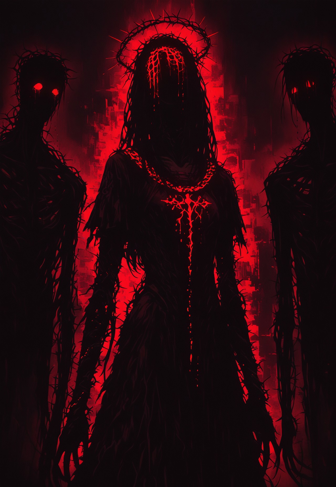 GLTST, Glitch.  tall slender man, long arms, charred dark red skin, ceremonial skirt, short black hair, crying, crown of long thorns,glowing eyes, blood on eyes, red theme. LeIsT0_illu