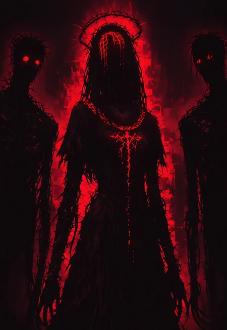 GLTST, Glitch.  tall slender man, long arms, charred dark red skin, ceremonial skirt, short black hair, crying, crown of long thorns,glowing eyes, blood on eyes, red theme. LeIsT0_illu