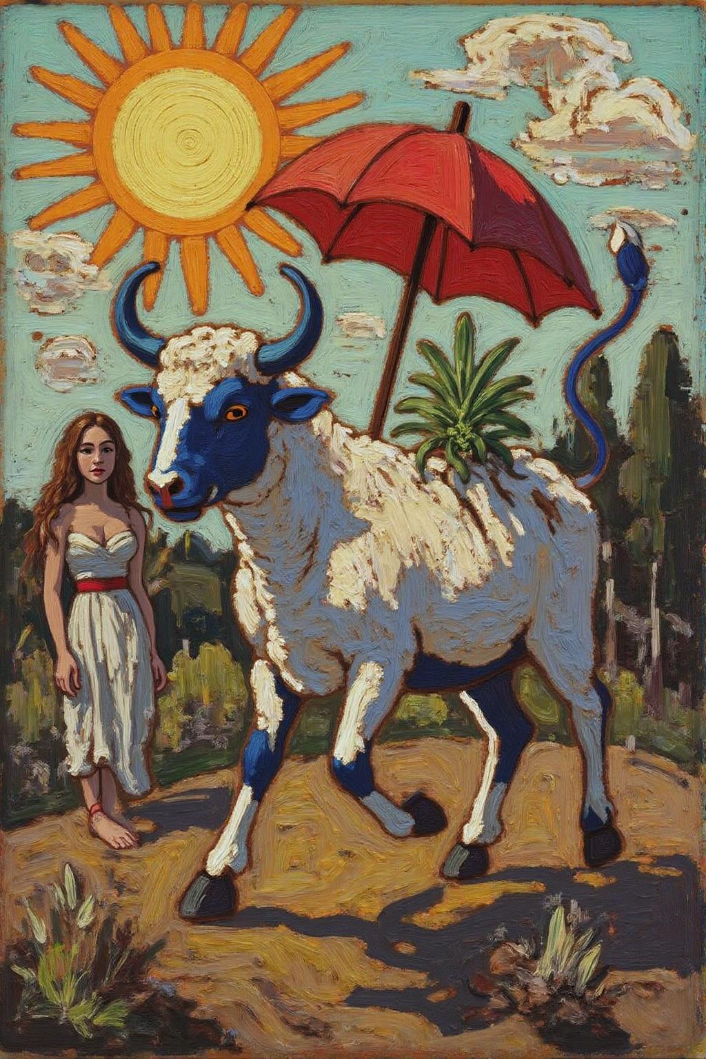 tomthom1 painting. 
marcha9 painting 
A dynamic, dreamlike scene filled with fantastical elements. The central figure is a large, stylized bull with a predominantly white body and a striking blue head and tail. The sheep is depicted in mid-stride, holding a red umbrella in its mouth, casting a shadow on the ground. On its back, there's a small, green plant, adding a whimsical touch. To the left, a woman with a serene expression and flowing hair is partially visible, standing near a glowing, stylized sun that appears to be a radiant yellow-orange circle.  <lora:tomthom1_cap_d6a3:1.0><lora:815468810661350184:0>