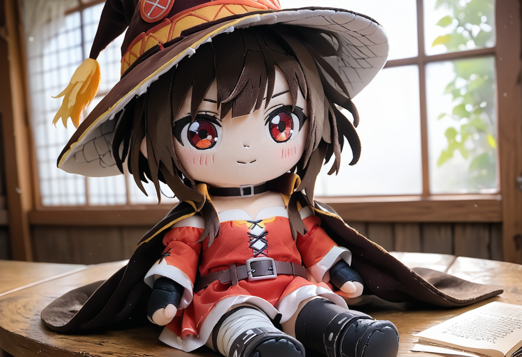 score_9,score_8_up,score_7_up,source_anime,inside medieval tavern,<lora:woafu_plushify_pony:0.8>,plushify,character stuffed toy,chibi,1girl,sitting,smile,<lora:AEMegumin:0.8>,AEMegumindef,red eyes,Brown hair,Belt choker,red dress,off-shoulder dress,Black gloves,fingerless gloves,Belt,mismatched legwear,asymmetrical legwear,bandaged leg,black thighhighs,knee boots,hat,Black cape,