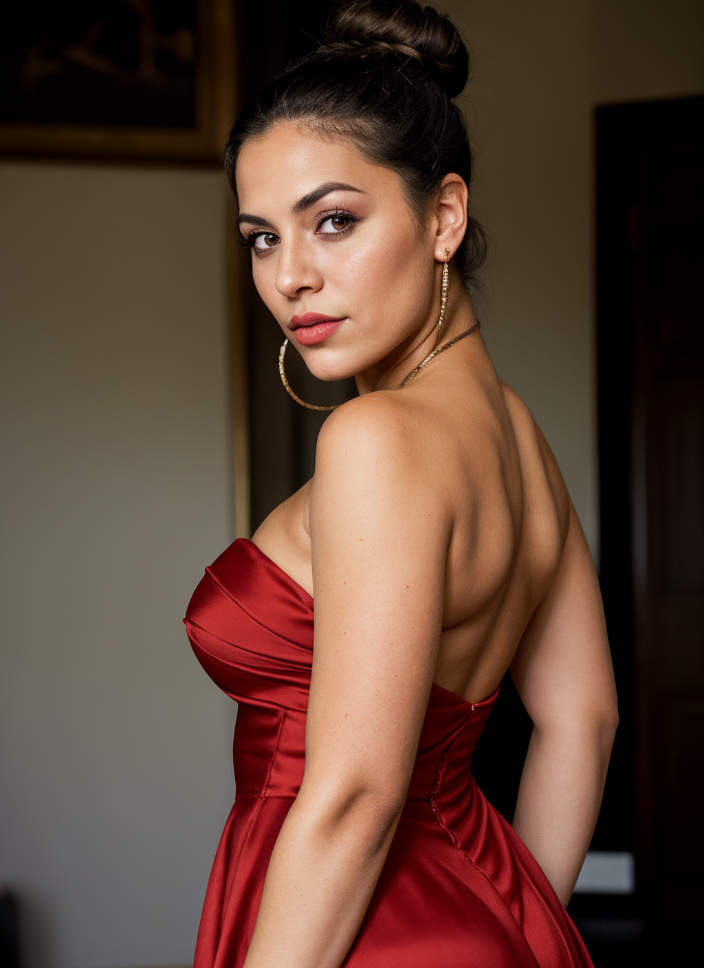 portrait of 1girl janerodbd, beefy body, thick, black eyes, lips, hairbun, latina milf, strapless red dress, looking at viewer, highly detailed, film grain, vogue photoshoot, 35mm photograph, professional, 4k, highly detailed, <lora:janerodbd_fr34ky:0.55>