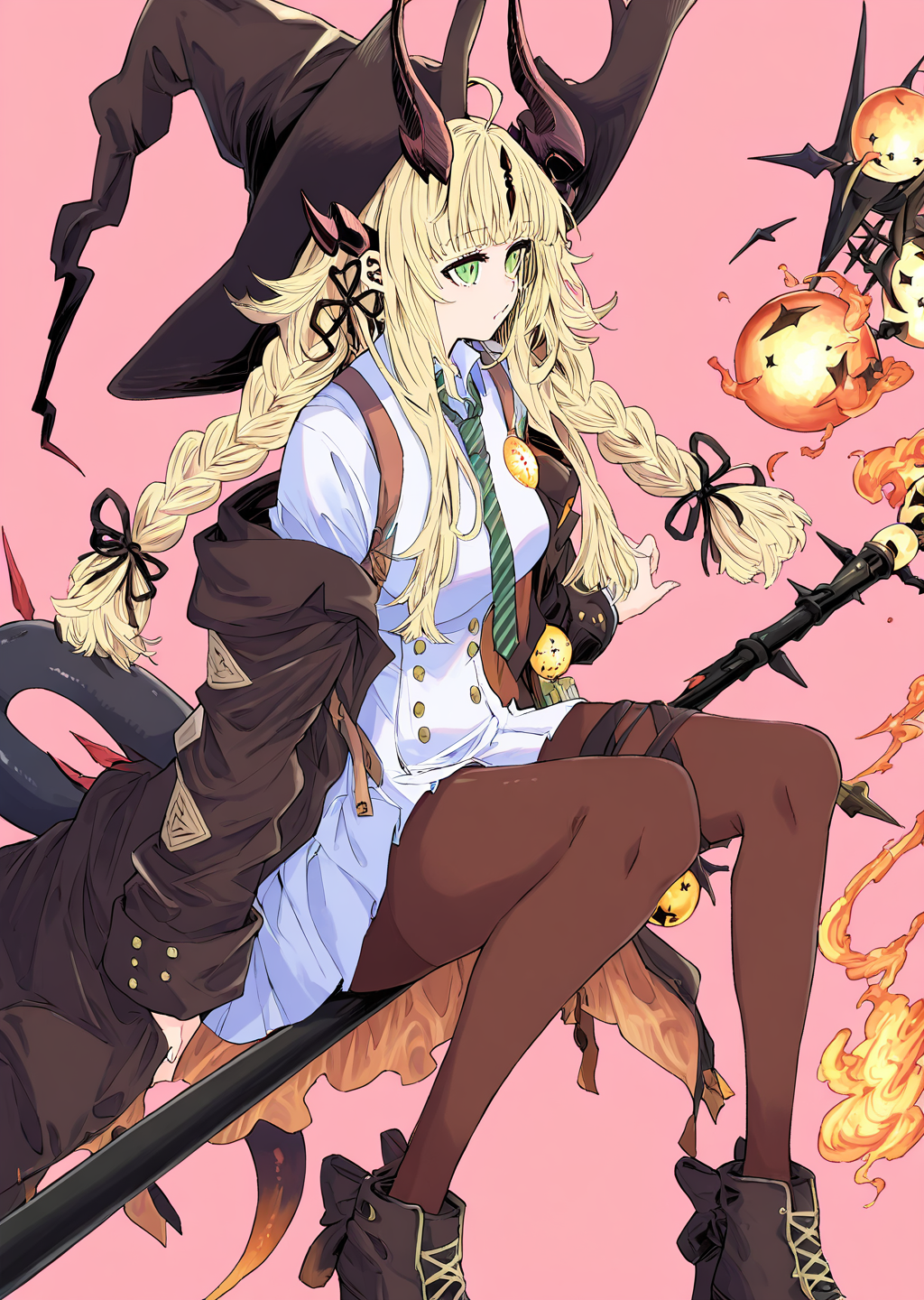 <lora:BebopSensen250208:1>,Bebopsensen,<lora:reed_the_flame_shadow_arknights_for_IL:1>,reed_the_flame_shadow_\(Curator\)_\(arknights\),dragon horns,blonde hair,ahoge,green eyes,twin braids,hair ribbon,witch hat,open jacket,black pantyhose,off shoulder,school dress,diagonal-striped necktie,high heel boots,dragon wings,staff,<lora:NOOB_vp1_detailer_by_volnovik_v1:1>,<lora:noobai_ep11_stabilizer_v0.138_fp16:1>,