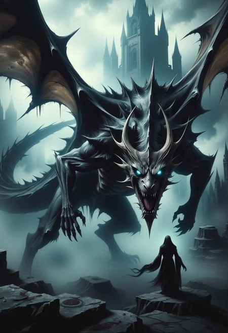 Wide aerial Shot , Zombie Ghost Dragon with huge wings, mist rising off it ,(in a ancient stone city) , ornate armour, supermodel, action, dynamic pose, large detailed dragon, 8k , looking at the camera , small smile, bright colours (rotting flesh ) skin pealing off, cold blue eyes , frost breath