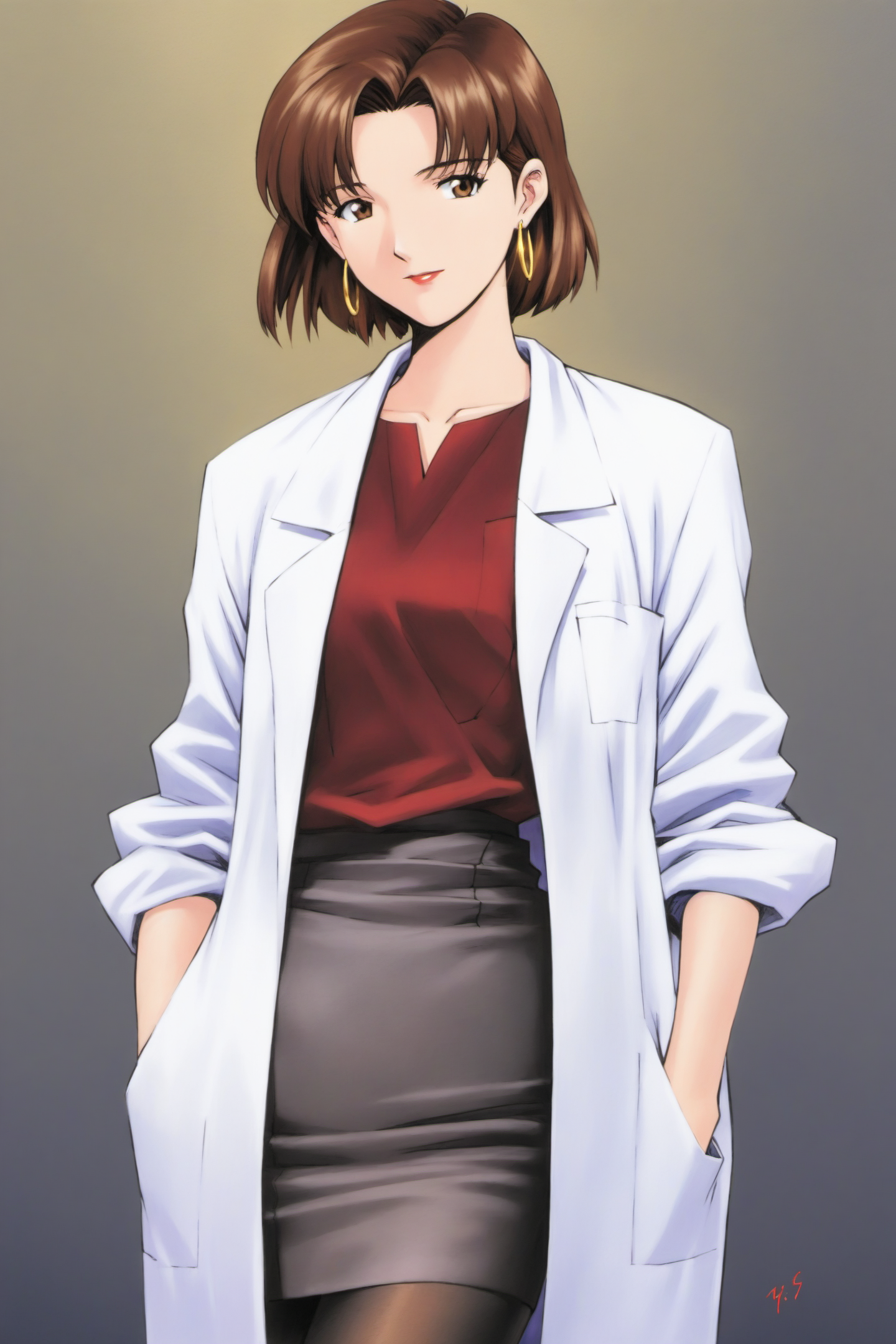 1girl, solo, labcoat, pantyhose, short hair, earrings, jewelry, mole, skirt, pencil skirt, mole under eye, hand in pocket, brown hair, <lora:Sadamoto Yoshiyuki_XL:0.8>