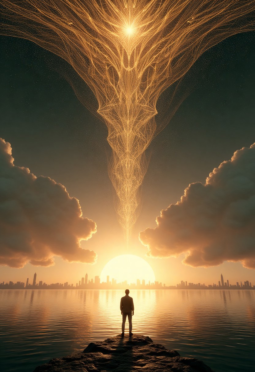 A surreal CGI artwork depicting a lone figure standing in the foreground of a vast, reflective body of water. The figure, silhouetted against the bright, golden light of a setting sun, evokes a dreamlike stillness. Towering in the distance is a colossal, organic, web-like structure extending from the horizon—its intricate, almost fractal-like patterns lending a distinctly otherworldly presence. This mystical architecture dominates the upper half of the image, contrasting starkly with the dark, shadowy sky above. A faint dreamscape cityscape shimmers in the background, partially obscured by the luminous web. The scene feels ethereal, as though suspended between dimensions, where magical forces blur the lines between the natural and the artificial in this haunting, CGI-rendered vision.