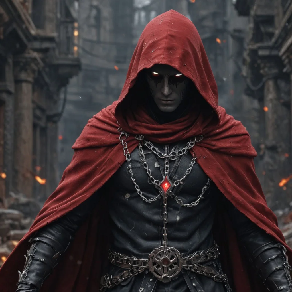 a close up of a saint man on a Blasting the Ruins, red and black cape and hoodie, obsidian metal, saint man, intricate arcane wiccan designs, featured on amiami, by Joe Mangrum, dark figures walking, metal speculars, listing image, new character, dormant in chains, red and black thirds, ominous, red and blue lighting, 8k, octane render, photorealistic, hyper detailed, HD, HDR, 4K, 8K