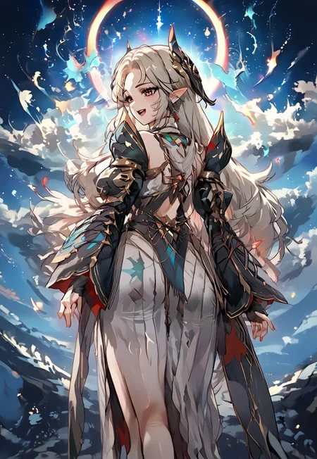 safe_pos, zPDXL3, score_9_up, score_8_up, score_7_up, (Anime_source), Harsetti, red eyes, white hair, long hair, pointy ears, large breast, Harsetti clothes, cowboy shot, looking at viewer, looking back, smile, open mouth, blush, happy, night skypast, stars, cloudy, standing on mountain