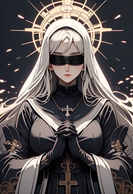 (score_9, score_8_up), score_7_up, 1girl, long hair, large breasts, simple background, gloves, long sleeves, white background, dress, jewelry, upper body, white hair, black gloves, hood, wide sleeves, necklace, black dress, blindfold, halo, own hands together, cross, veil, interlocked fingers, hood up, nun, own hands clasped, praying,, 
depth of field, blurry background, black background, dark, CINE, embers, UKIYO, MUCHA, ANIME