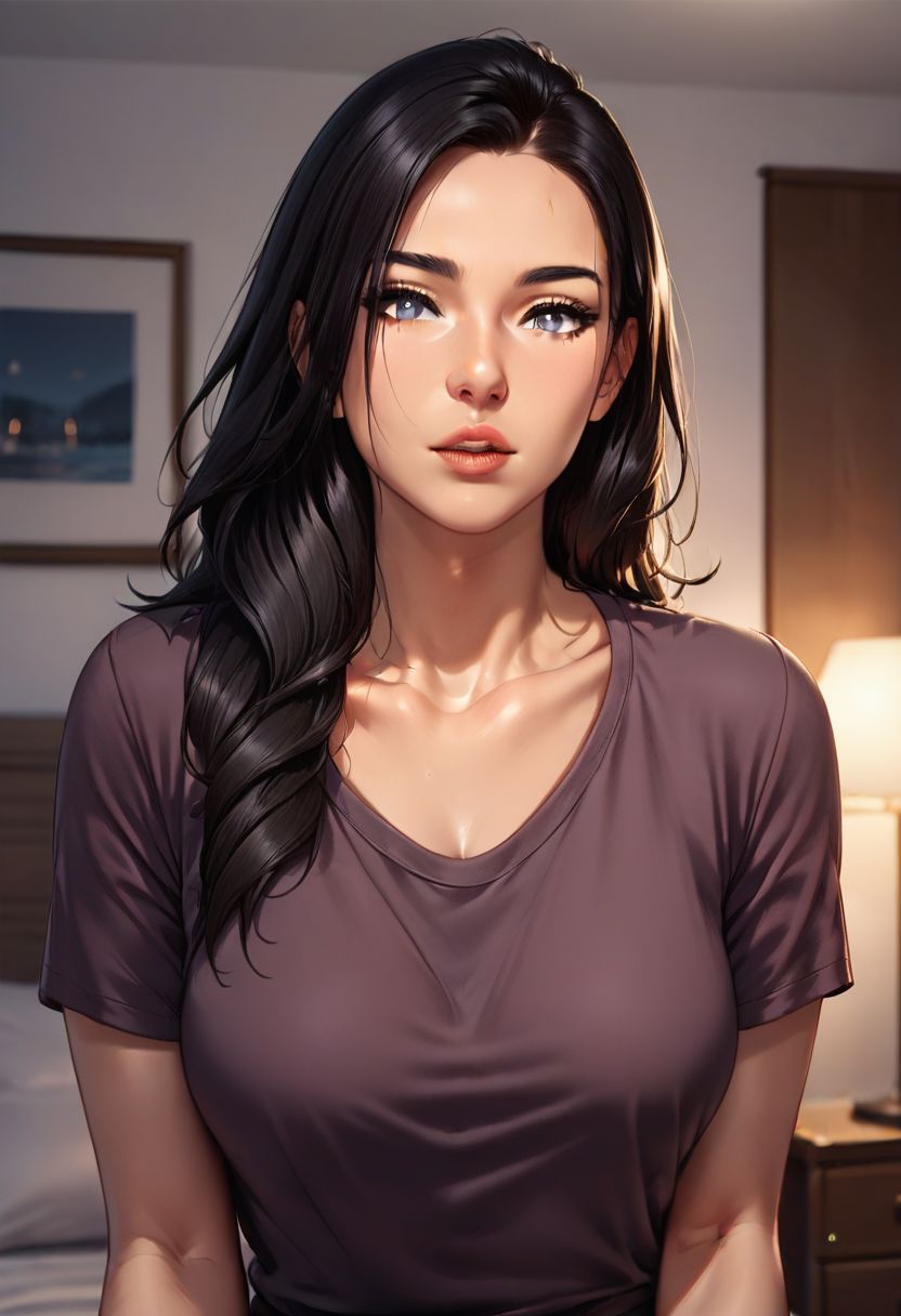 score_9, score_8_up, score_7_up, Manhwa_ami, woman, purple shirt, grey eyes , bedroom