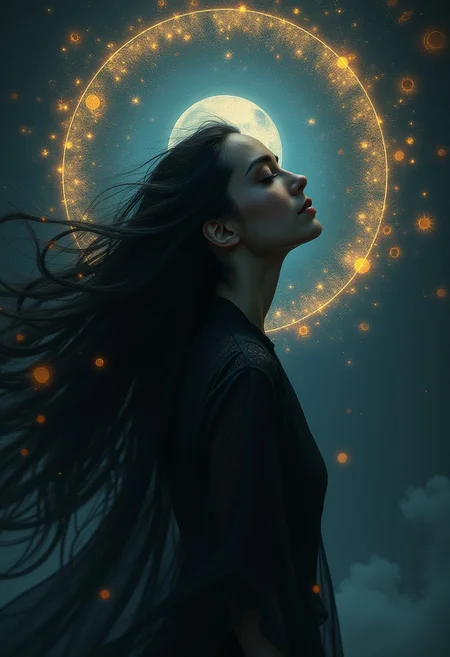 Clairvoyant with long black hair flowing to reveal a visionary spirit, floating magical symbols surround her, enchanting chant sound waves visualized encapsulating her, ancient wisdom aura radiating, shadows leaning into the composition, digital painting, ultra-realistic, dreamy soft focus, ultra fine, dramatic lighting, cinematic quality, reduced saturation.