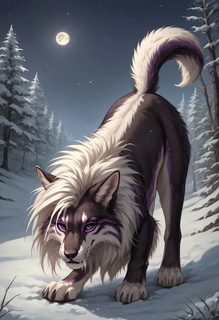 score_9, score_8_up, score_7_up, ng_deepnegative_v1_75t, by reallynxgirl, Expressiveh, female, ((((feral)))), 1girl, furry_female, solo, furry, animal_ears, tail,moon, night, purple_eyes, long_hair, animal paws, pawpads, seductive pose, lies on its side, outdoors, claws, looking_at_viewer, tree, forest, cinematic lighting, anime style, 2D, frontal, snow, detailed background,