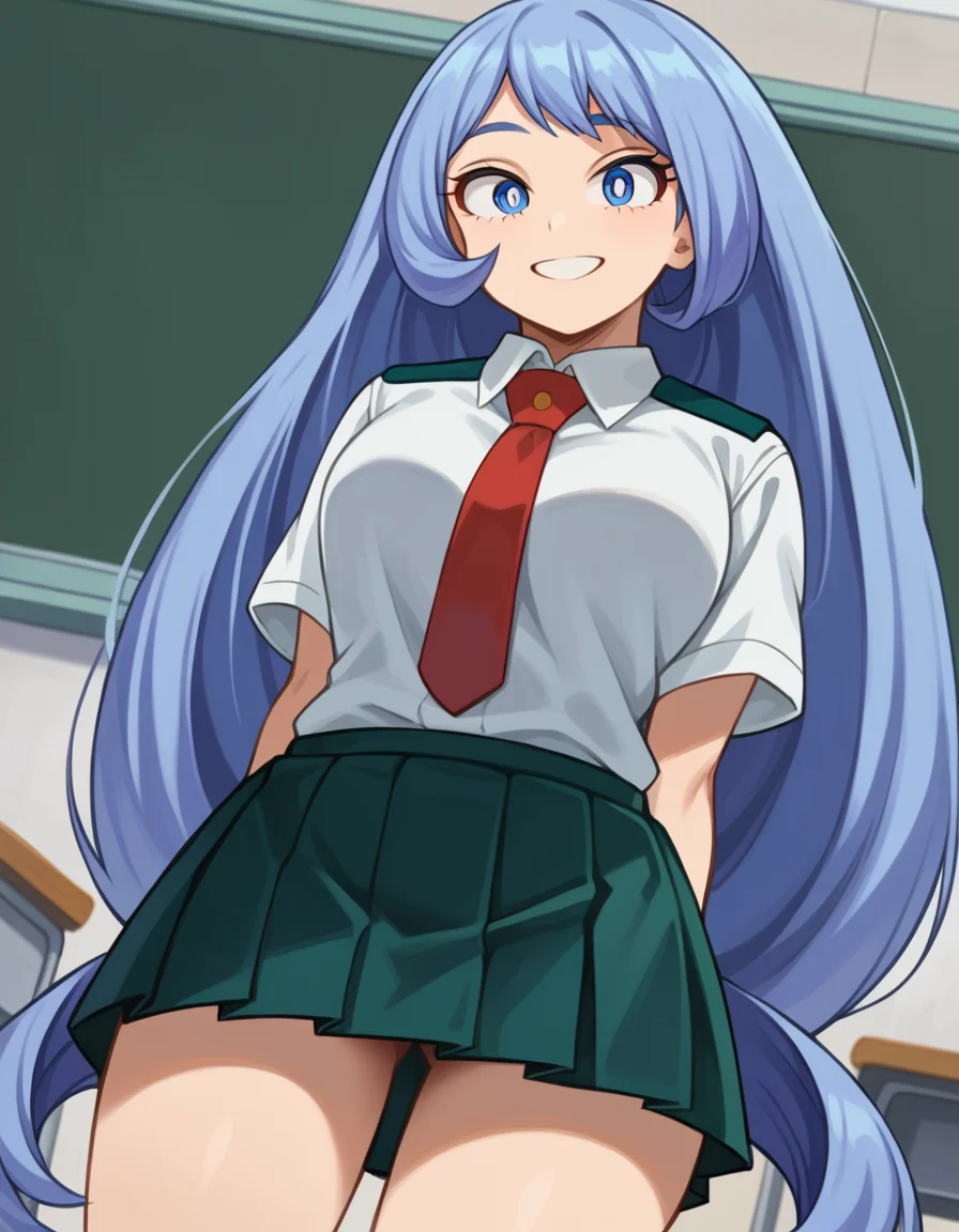 score_9, score_8_up, score_7_up, source_anime,
nejirehadou, <lora:nejire-hadou-ponyxl-lora-nochekaiser:1>
nejire hadou, blue eyes, blue hair, long hair, smile,
necktie, pleated skirt, school uniform, short sleeves, skirt, u.a. school uniform,
indoors, classroom,
looking at viewer, dutch angle, cowboy shot,