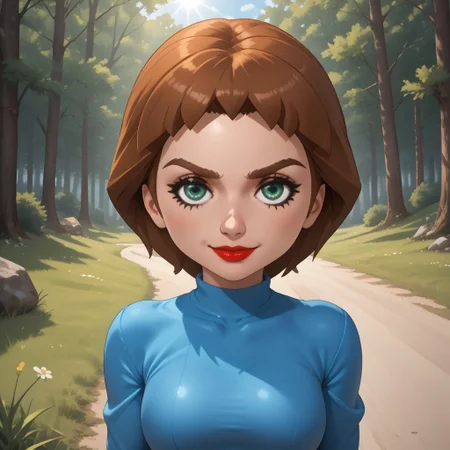 score_9, score_8, BREAK, solo, wii, mii, wii sports, 1girl, female mii, green eyes, auburn hair, brown eyebrows, red lips, lipstick, cyan clothing, white pants, shoes, nintendo mii, modern_mii, classic_mii, breasts, Anna_(Wii_Sports), sexy pose, self portrait, smile, outdoors, sunlight, shadows, evening lighting, natural lighting, forest, trees, grass, orange sky, sunset