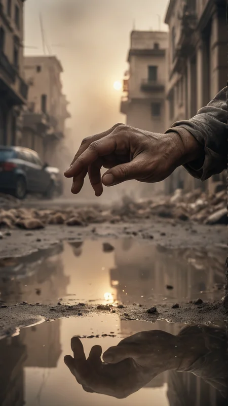 Close up of a dirty hand touching the tips of the fingers in a reflection in the style of The Creation of Adam, fog, war scenario, fire at background, chaotic atmosphere, chaotic, dust and particles in the air, cinematic shot, soft contrast, texture, highly detailed scene, dramatic atmosphere, Middle Eastern city street, 14mm, f1.4, vignette, dramatic photography, Creation of Adam style