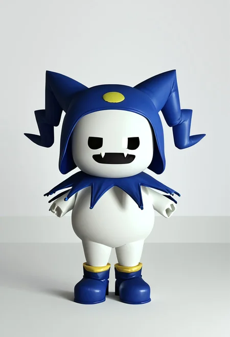 score_9, score_8_up, BREAK, solo, Jack Frost ((jackfrostsmt, creature, white skin, solid oval eyes, :d, fangs, jester cap, blue footwear,)), Final Fantasy VII overworld sprite ((ffviichibis, chibi, standing, full body, white background))
