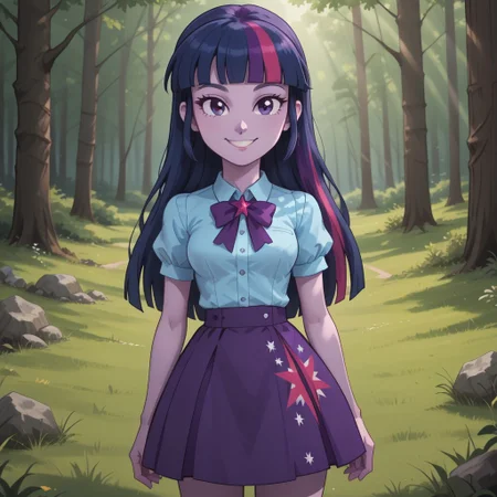 score_9, score_8, BREAK, solo, Princess_Twilight_Sparkle_(Equestria_Girls), dark sapphire blue with moderate purple and brilliant raspberry streaks, purple eyes, light purple skin, light purple skin female, blue collared shirt, dark purple skirt, magenta and purple socks, black shoes, self portrait, smile, looking at viewer, outdoors, sunlight, shadows, evening lighting, natural lighting, forest, trees, grass, orange sky, sunset