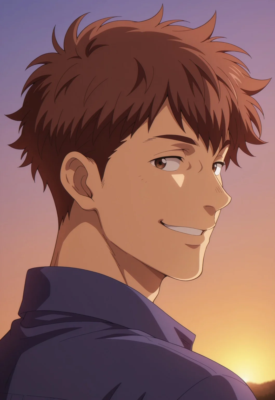 masterpiece,best quality,amazing quality, detailed details, shaded, detailed shading, detailed skin, shaded skin, realistic shading, countershading:1.1, outdoors, evening, looking back, side view, close-up, upper body, 1boy, solo, looking at viewer, smirk, manager_oka_sk8, brown hair, brown eyes, casual, blue shirt,