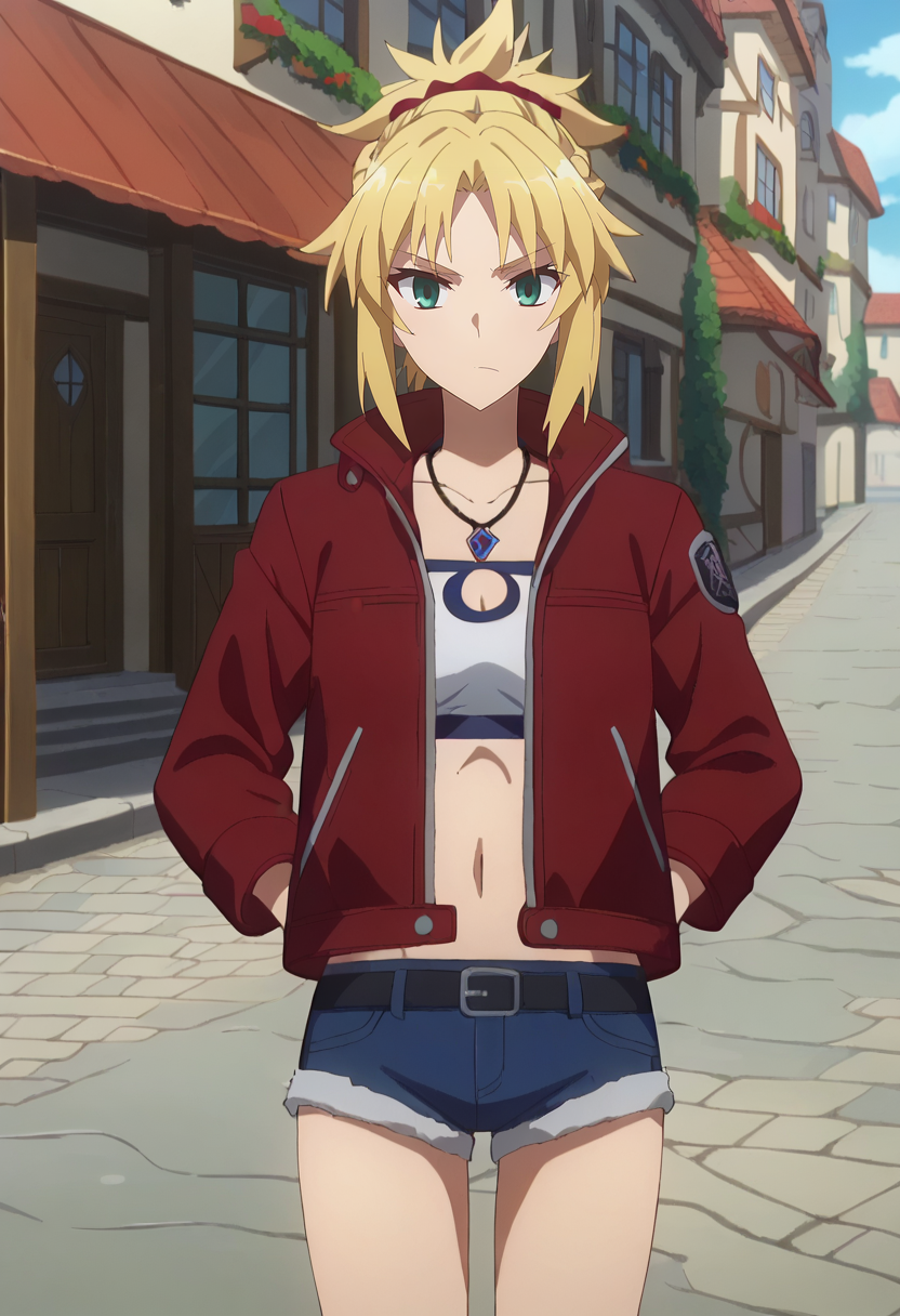 score_9, score_8_up, anime screencap, anime coloring, 
<lora:FateApocrypha_MordredXL:0.8>, MordredFA,
1girl,
blonde hair, ponytail, parted bangs, red scrunchie, green eyes, french braid,
MordredCasual, necklace, red jacket, open jacket, white shirt, crop top, clothing cutout, short shorts, denim, fur trim, black belt,
standing, looking at viewer, thigh gap, hands in pockets,
outdoors, city, medieval