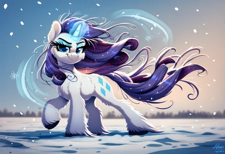 score_9, score_8_up, score_7_up, score_6_up, score_5_up, score_4_up, rarity, yakutian horse, mare, female, solo, unshorn fetlocks, cheek fluff, glowing horn, high res, horn, looking at you, magic, messy mane, smirk, snow, wind, windswept mane, winter, lidded eyes, smiling, snowfall, g4, detailed, beautiful, <lora:Snow_Ponies-000008:1>