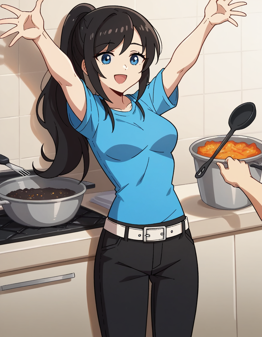 score_9, score_8_up, score_7_up, source_anime, <lora:classof09-nicole-ingame-ponyxl-lora-nochekaiser:1>, nicole, long hair, blue eyes, black hair, ponytail, medium breasts,, shirt, short sleeves, belt, pants, black pants, blue shirt, t-shirt, kitchen, cooking, apron, cutting vegetables, home cooking, smile, , on back, arm support, arms up, incoming hug, pov, reaching, reaching towards viewer,, solo,, dutch angle,