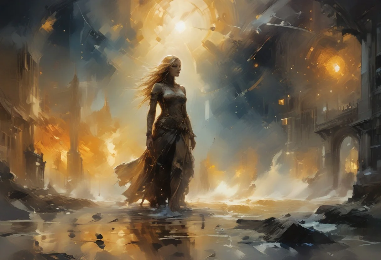 A captivating cosmic scene where Venus emerges from the ocean, waves dancing around her under a golden morning light. In the background, a starry sky serves as a canvas, with vibrant colors blending in space. Venus, shrouded in amber mist, embodies both wrath and beauty, swirling in retrograde around the blazing sun, Sol. Artistic elements suggesting a dynamic and discordant dance float around her. Illuminate this vision of a stellar future, highlighting the connection between the sea and the cosmos, with an ambiance of mystery and universal energy.