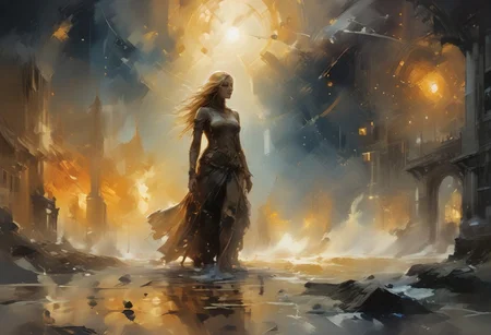 A captivating cosmic scene where Venus emerges from the ocean, waves dancing around her under a golden morning light. In the background, a starry sky serves as a canvas, with vibrant colors blending in space. Venus, shrouded in amber mist, embodies both wrath and beauty, swirling in retrograde around the blazing sun, Sol. Artistic elements suggesting a dynamic and discordant dance float around her. Illuminate this vision of a stellar future, highlighting the connection between the sea and the cosmos, with an ambiance of mystery and universal energy.