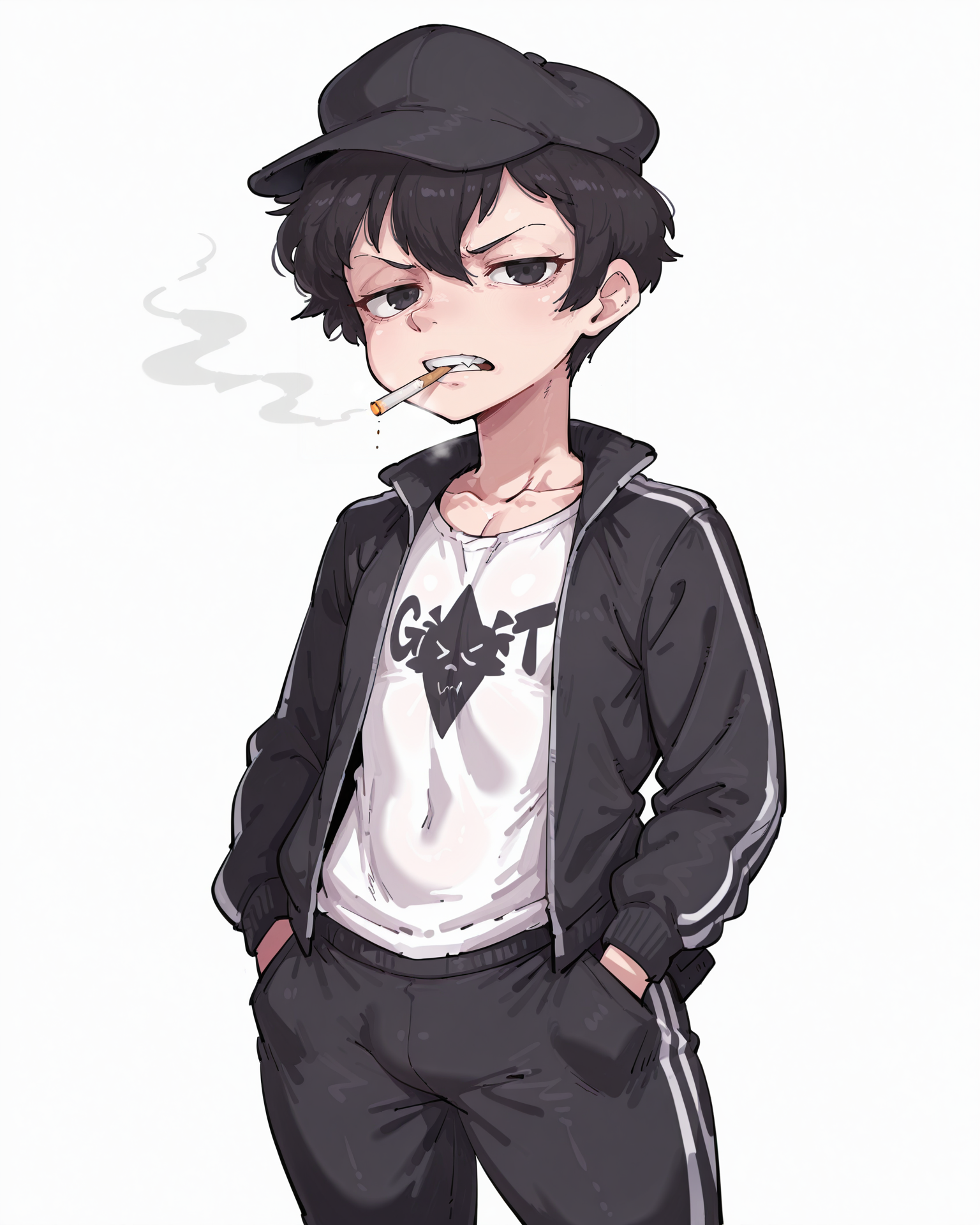 IllustriousQual_1017896, detailed face, detailed body, breadcatta, linear hatching, OCDamien, 1boy, solo, otoko no ko, toned, nose shade, black hair, black eyes, very short hair, pixie cut, hair between eyes, black flat cap, gopnik, cigarette in mouth, black track suit, white t-shirt,  scowl, gritting teeth, looking at viewer, facing viewer, hands in pockets,cowboy shot, simple background, white background, <lora:StS-Illustrious-Detail-Slider-v1.0:5><lora:hand 5.5_903007:0.9><lora:OC_Damien:1> <lora:StS_Age_Slider_Illustrious_v1:3><lora:il_brightness_slider_d1_1133126:0><lora:Muscle slider 3_last:2><lora:PP slider_last:-1> <lora:breadcattaILv2:1>