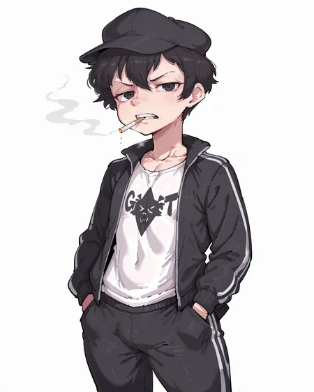 IllustriousQual_1017896, detailed face, detailed body, breadcatta, linear hatching, OCDamien, 1boy, solo, otoko no ko, toned, nose shade, black hair, black eyes, very short hair, pixie cut, hair between eyes, black flat cap, gopnik, cigarette in mouth, black track suit, white t-shirt,  scowl, gritting teeth, looking at viewer, facing viewer, hands in pockets,cowboy shot, simple background, white background, <lora:StS-Illustrious-Detail-Slider-v1.0:5><lora:hand 5.5_903007:0.9><lora:OC_Damien:1> <lora:StS_Age_Slider_Illustrious_v1:3><lora:il_brightness_slider_d1_1133126:0><lora:Muscle slider 3_last:2><lora:PP slider_last:-1> <lora:breadcattaILv2:1>