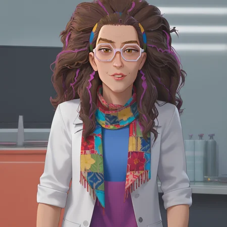 <lora:oliviaoctavius_pony_v1:1>  olivia, 1girl, dark skin, glasses, dark-skinned female, long hair, labcoat, yellow-framed eyewear, big hair, brown hair, brown eyes, curly hair, lips, dreadlocks, shirt, hair ornament, jewelry, scarf, makeup, cowboy shot