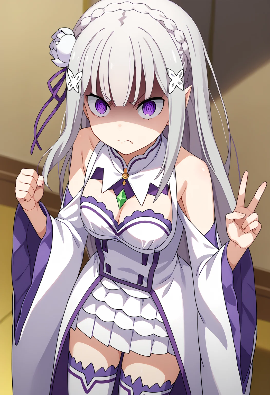 score_9, score_8_up, score_7_up, source_anime,
BREAK
1girl, solo,
<lora:shiEmiliaV2:1> shimilia, long hair, grey hair, purple eyes, pointy ears, crown braid, hair flower, hair ribbon, purple ribbon, x hair ornament, white dress, cleavage, bare shoulders, wide sleeves, white thighhighs, thigh boots,
<lora:shiShadedFaceV1:0.8>, shishadedface, shaded face, disgust, v-shaped eyebrows, angry,
