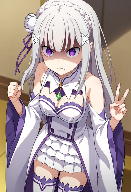 score_9, score_8_up, score_7_up, source_anime,
BREAK
1girl, solo,
<lora:shiEmiliaV2:1> shimilia, long hair, grey hair, purple eyes, pointy ears, crown braid, hair flower, hair ribbon, purple ribbon, x hair ornament, white dress, cleavage, bare shoulders, wide sleeves, white thighhighs, thigh boots,
<lora:shiShadedFaceV1:0.8>, shishadedface, shaded face, disgust, v-shaped eyebrows, angry,