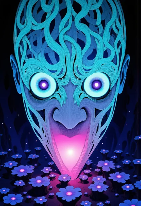 high definition digital animation depicting a cursed hannya mask radiating an eerie cyan and magenta aura blooming out of a blue lotus in a liminal bonsai garden, Studio Ghibli Dark Fairytale