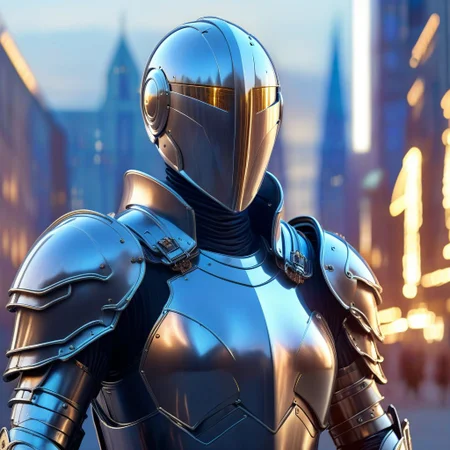 faceless egghead mannequin in a futuristic medieval armour, Medium closeup shot, soft warm cenital top lighting, futuristic city building background, perfect hands, Mannequin, photorealistic,