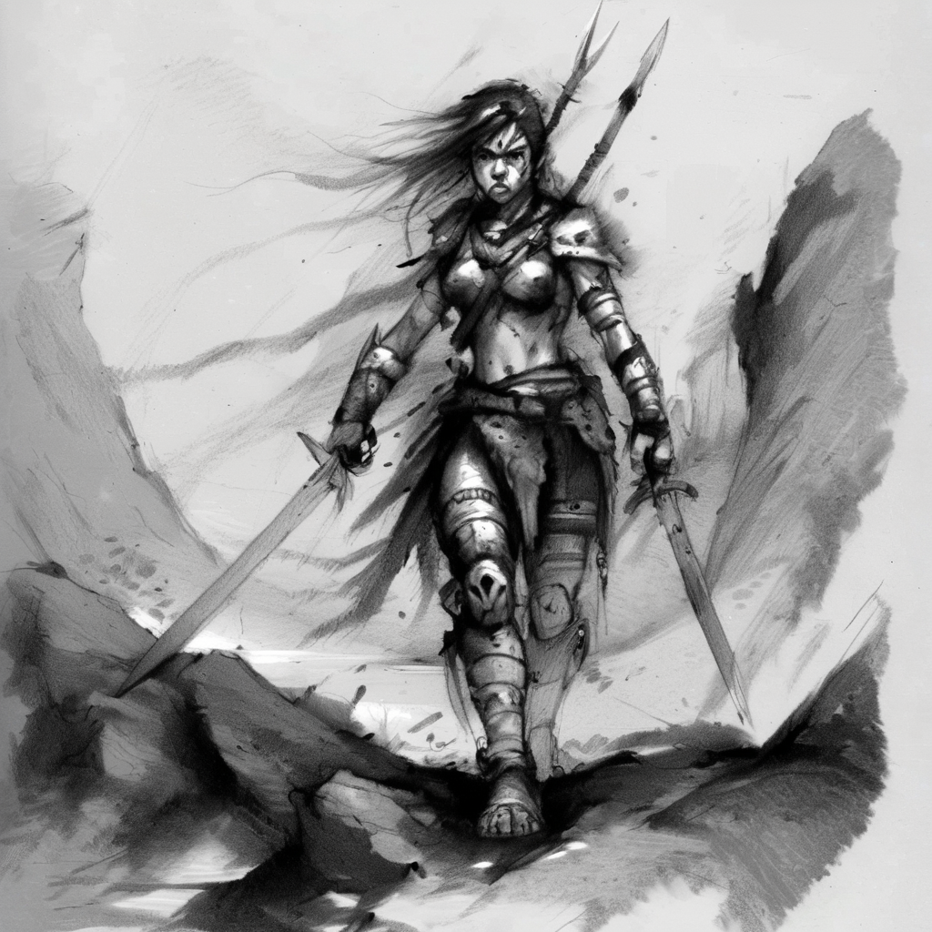 drawix8 a young warrior girl on the battlefield, in the background, a dark land of rocks, expressive, terror <lora:drawix8:1>