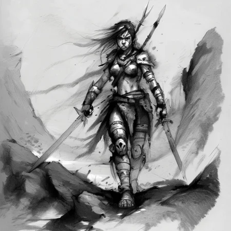 drawix8 a young warrior girl on the battlefield, in the background, a dark land of rocks, expressive, terror <lora:drawix8:1>