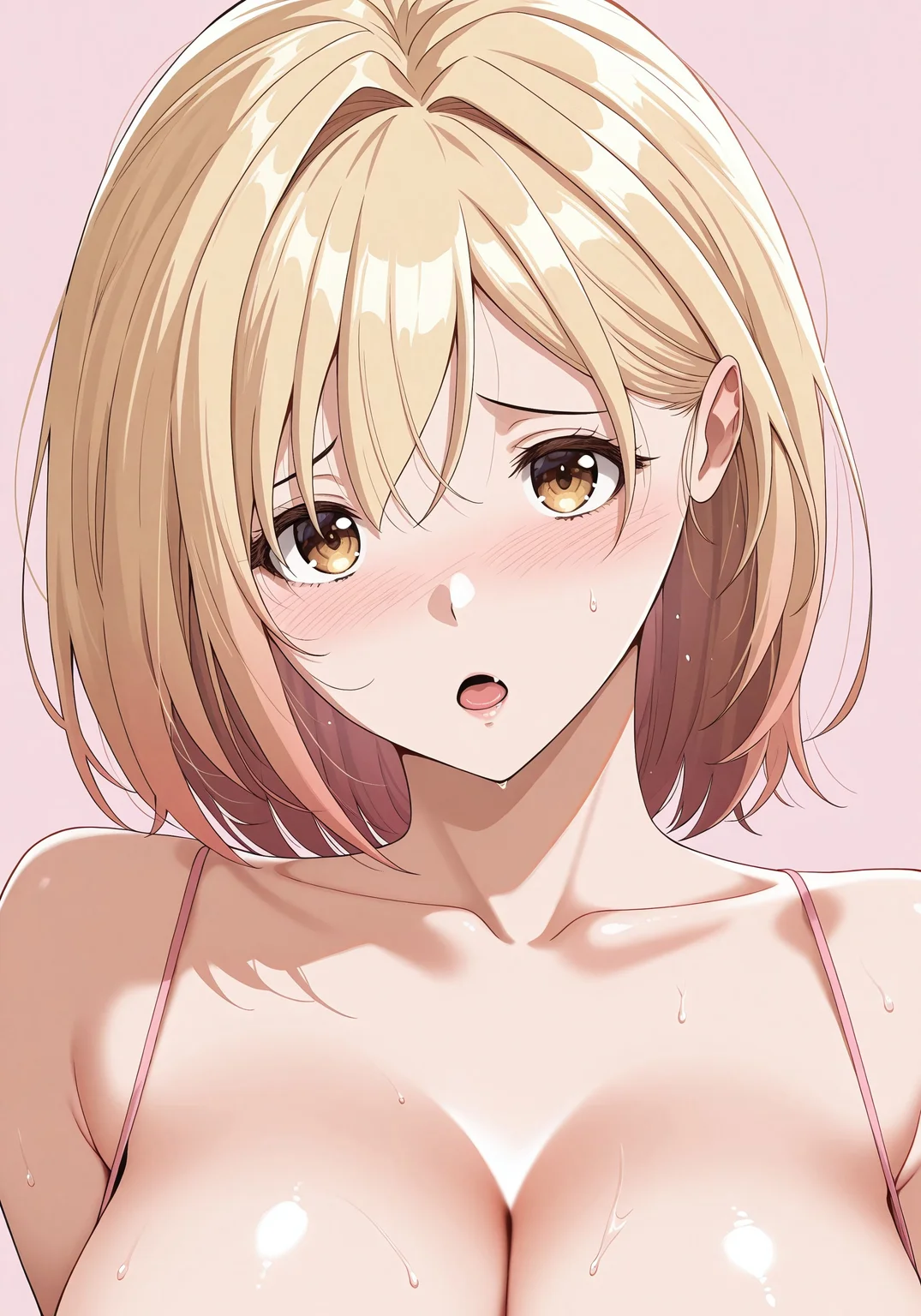 ultra-detailed,detailed face,
score_9, score_8_up, score_7_up, source_anime,(extremely detailed CG), (best quality), rika,blonde hair,large breasts, slender waist ,
1girl, solo, blush, pink background, open mouth,short hair, sweat, simple background, portrait, sweatdrop,looking at viewer,rika