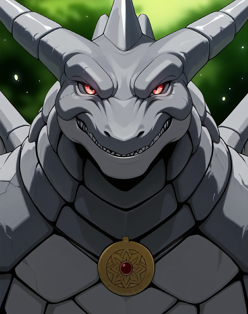 perfect depth of field shot, masterpiece, beautiful, sharp focus, crisp details, source_anime, photographic realism, 
<lora:Stone_Dragon_(Monster_Rancher)_(Illustrious)_(AD):1.15> Stone Dragon, Monster Rancher, dragon, 
exterior,
male focus, solo, stone textured body, medallion, smug smile, looking at viewer, upper body, 
EZRealPONYXL, zPDXL, Smooth Quality, lazynsfw,