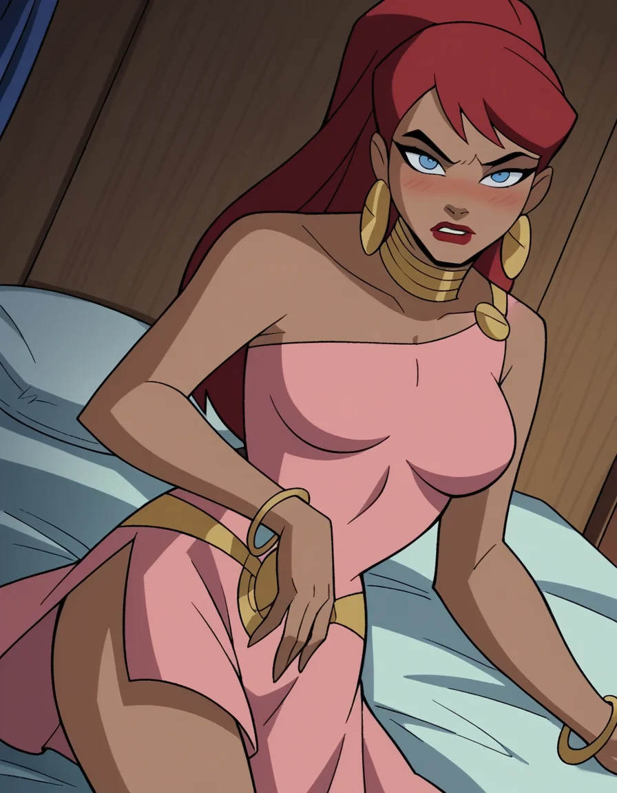 score_9, score_8_up, score_7_up, source_anime,
giganta, <lora:giganta-dcau-ponyxl-lora-nochekaiser:0.8>,
giganta, blue eyes, red hair, dark skin, dark-skinned female, makeup, lipstick, ponytail,
dress, jewelry, earrings, bracelet, pink dress,
indoors, bed, bed room, on side, blush, drunk,
looking at viewer, solo, dutch angle, cowboy shot,